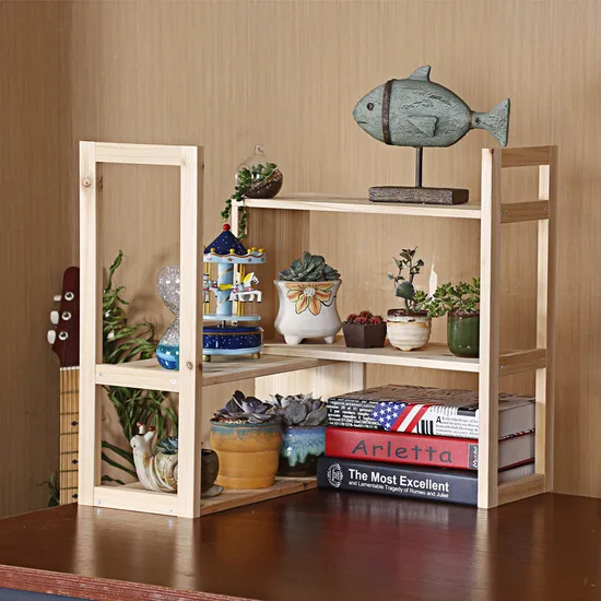 Study Wooden Desktop Bookshelf Desktop Organiser Flower Pot Stand