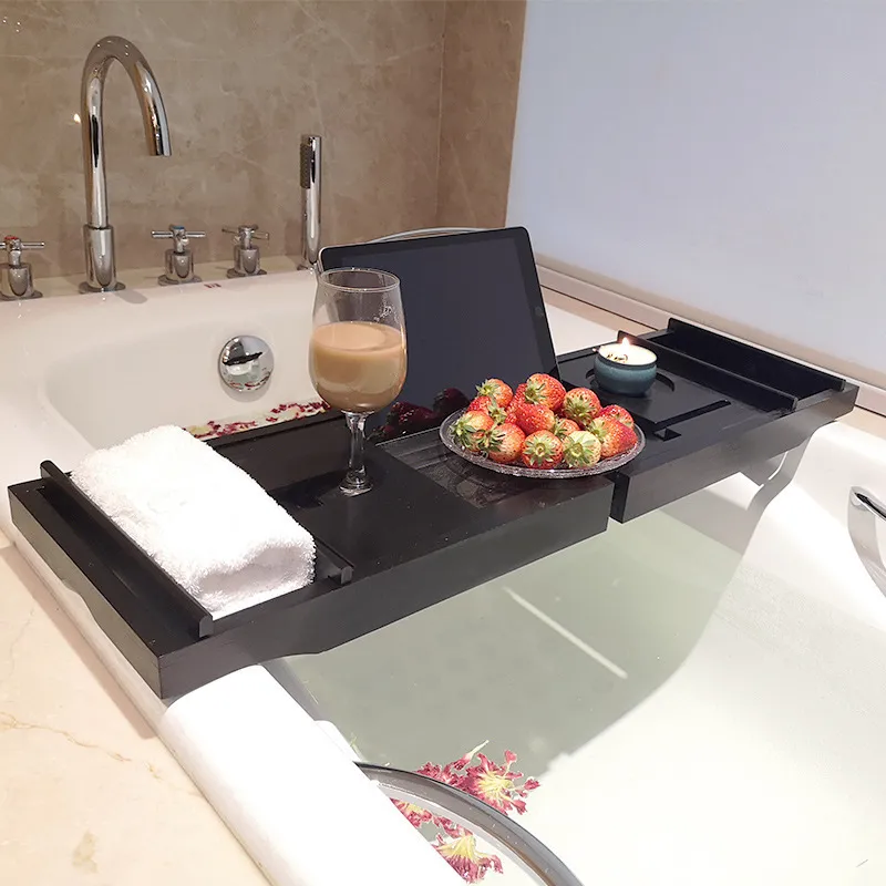 Black Color Bamboo Bathroom Caddy Tray for Bathtub