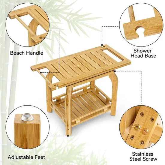 Two Layers Multifunctional Bamboo Bathroom Shower Stool Wooden Shoe-Changing Stool with Towel Hange