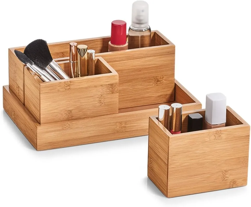 Multi-Use Bamboo Wooden Makeup Organizer Storage Box Set for Home Office