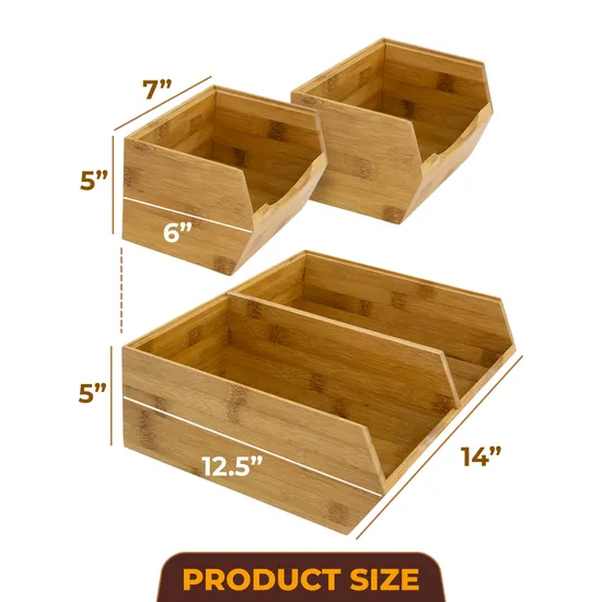 Stackable Wooden Storage Basket Bamboo Pantry Storage Bins Set of 3 for Potato / Onion