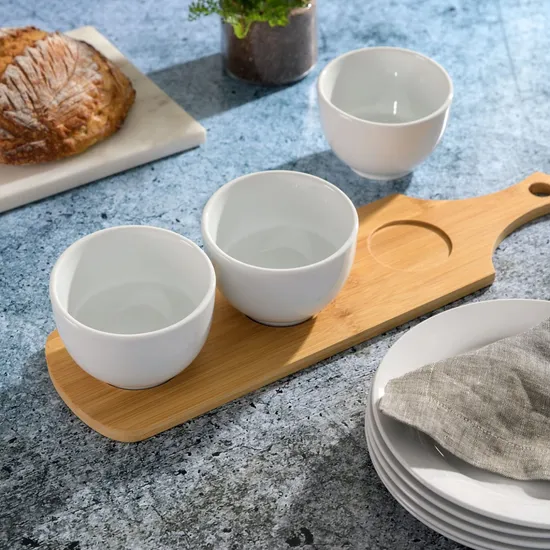 Elegant 3-Piece White Tidbit Bowl Set with Bamboo Serving Tray
