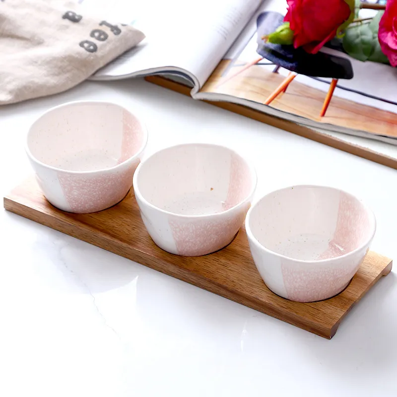Stylish Ceramic Snack Serving Bowl Set with Wooden Tray for Fruit, Snacks & Desserts