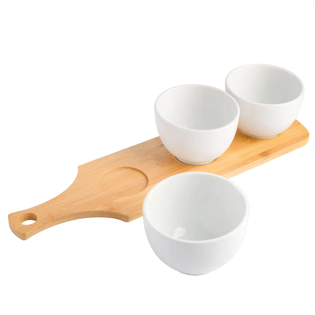Elegant 3-Piece White Tidbit Bowl Set with Bamboo Serving Tray