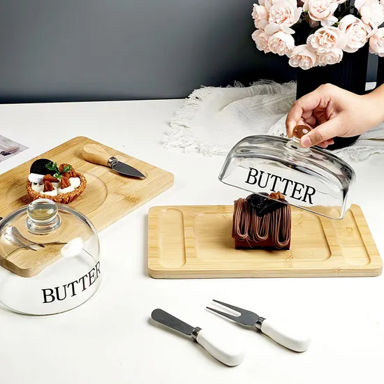 Manufacture Rectangle Bamboo Butter Dish with Glass Lid and Cheese Knives