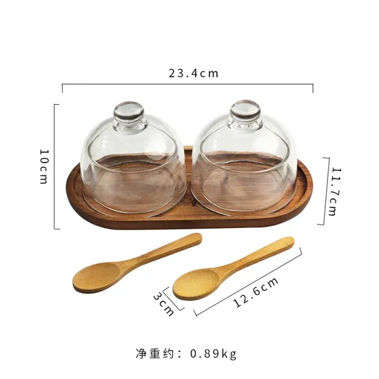 3 Sets Bamboo Cake Stand Dessert Tray Butter Dish with Glass Lid