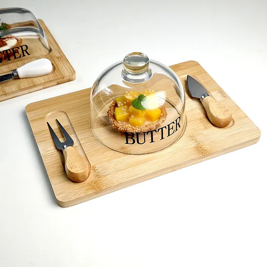 Wholesale Rectangle Cheese Board Butter Dish with Glass Lid and Cutter