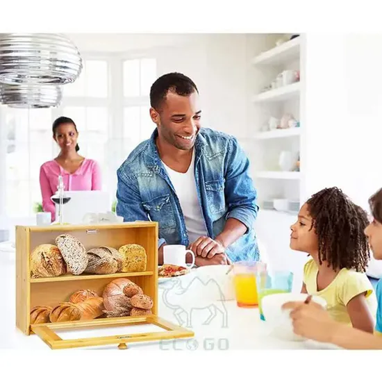 Double Layer Bamboo Bread Box Storage Container with Clear Windows for Kitchen Countertop