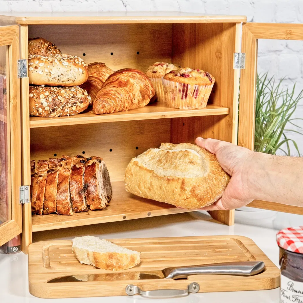 Multifunctional 2 Layer Bamboo Bread Box with Cutting Board for Kitchen Counter and Bakery