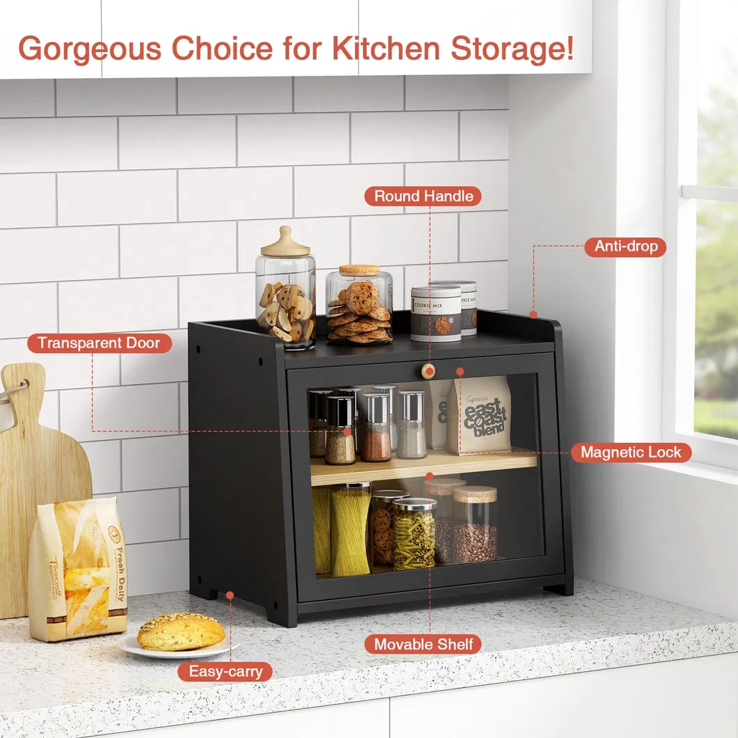 Durable Black Color 2-Tier Bamboo Kitchen Bread Storage Box