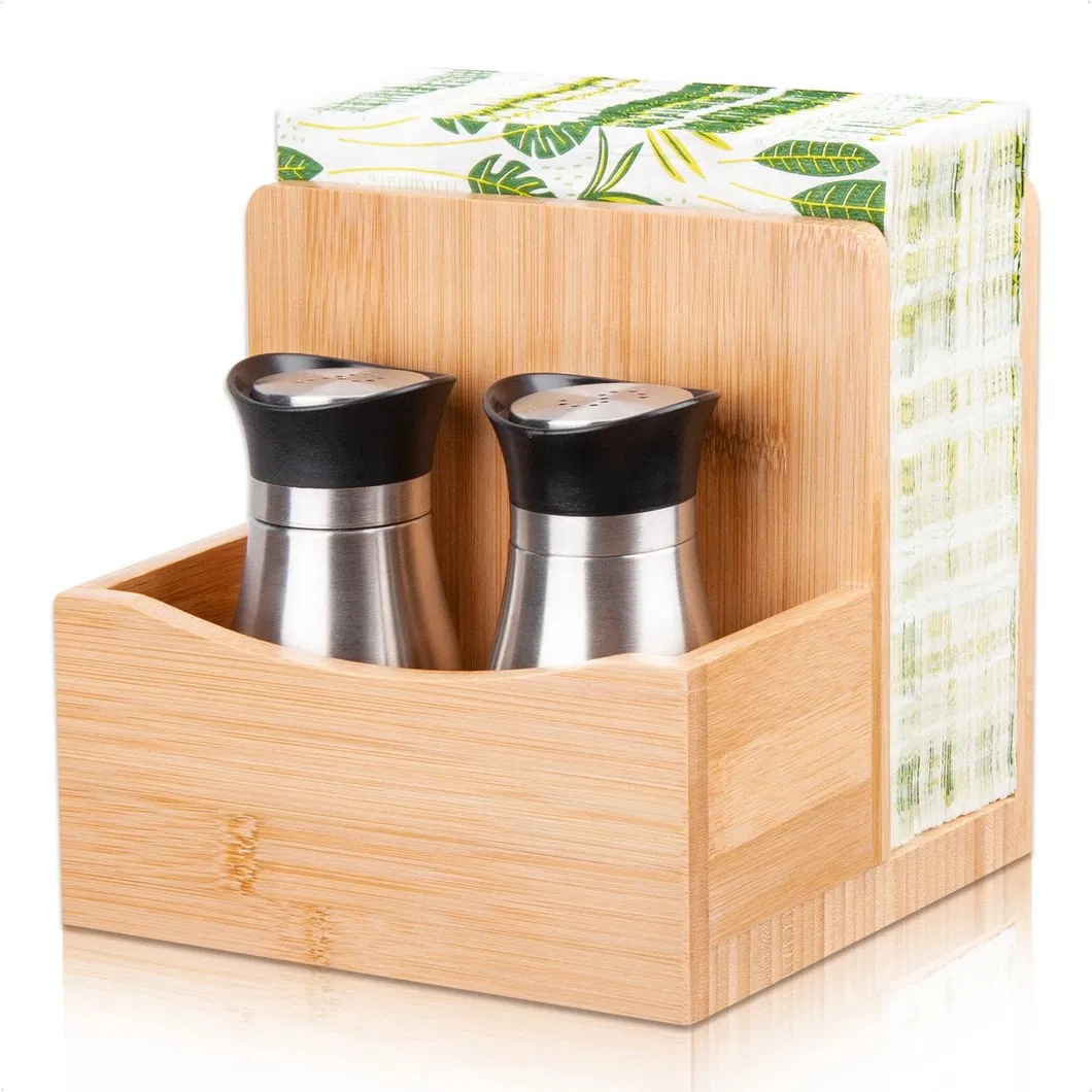 Bamboo Salt Pepper Napkin Holder Set for Kitchen Dining Table