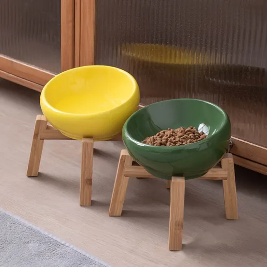 Creative Ceramic Pet Water Bowls Food Bowl with Sturdy Bamboo Base