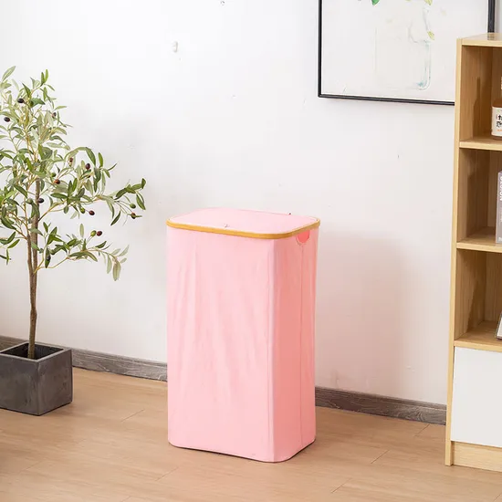 Large Bamboo Circle Fabric Laundry Basket with Lid and Removable Laundry Bags
