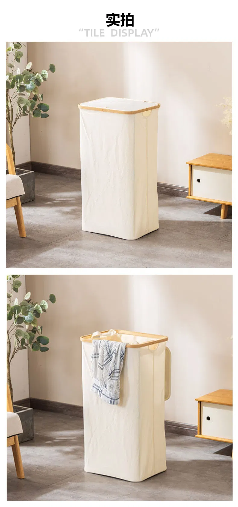 Foldable 100L Bamboo Circle Fabric Laundry Basket with Inner Bag for Household and Bathroom Storage