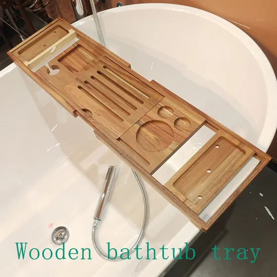 Luxury Extendable Acacia Wooden Bathtub Caddy Tray with Wine Holder and Book Stand