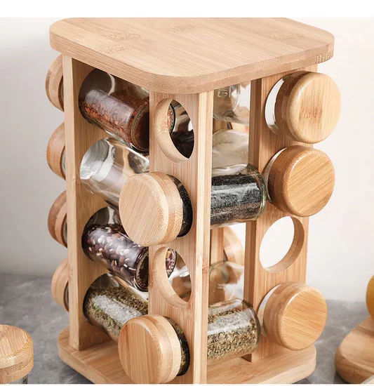 4-Layer 16 Jar Rotating Bamboo Seasoning Rack with Glass Spice Bottle