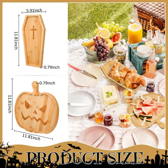 Halloween Howm Decorative Cartoon Coffin Shaped Bamboo Charcuterie Board Appetizer Plates