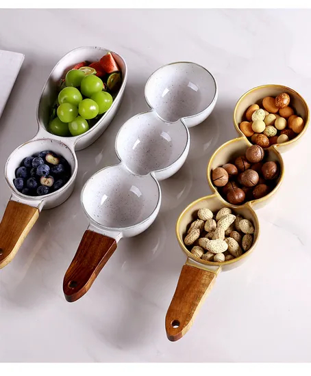 European-Style Creative Ceramic Dried Fruit Plate and Snack Plate with Wooden - Handle