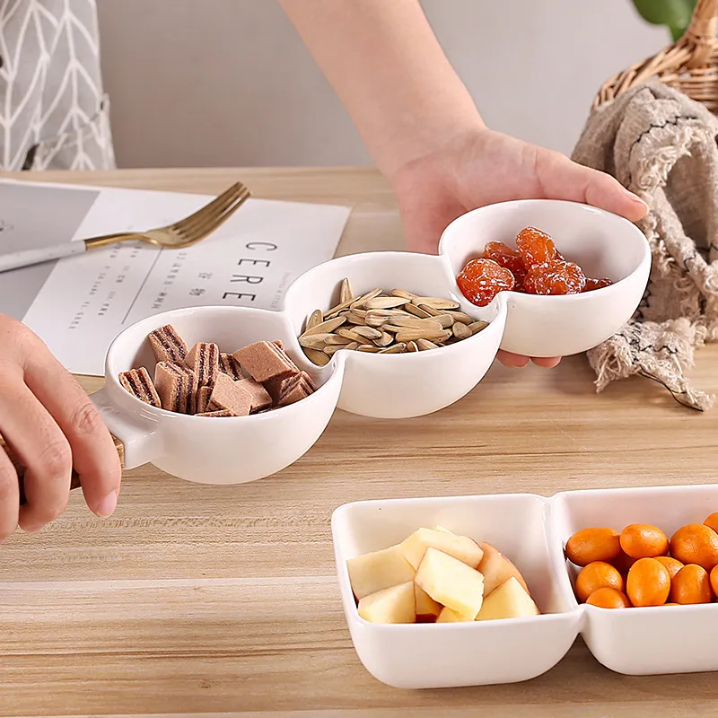 Wooden-Handled Three-Section Ceramic Bowl for Nuts, Veggies, Fruits, and Candy Serving
