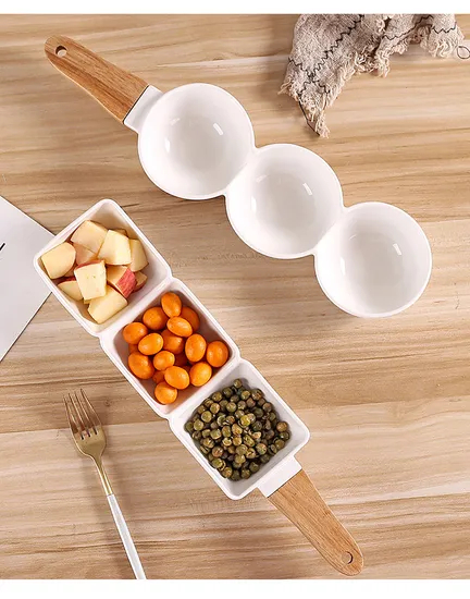 Wooden-Handled Three-Section Ceramic Bowl for Nuts, Veggies, Fruits, and Candy Serving