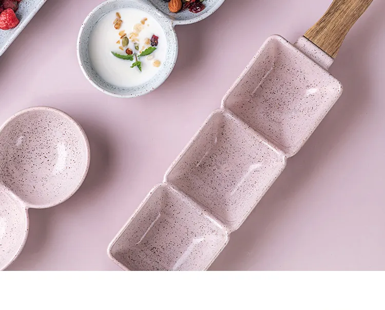 Stylish Ceramic Plate Set with Wooden Handles for Snacks