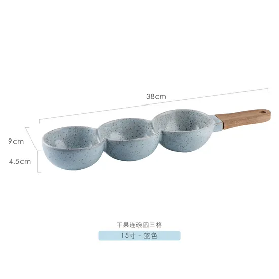 Elegant 3-Piece Ceramic Bowl Set with Wooden Handles for Snacks