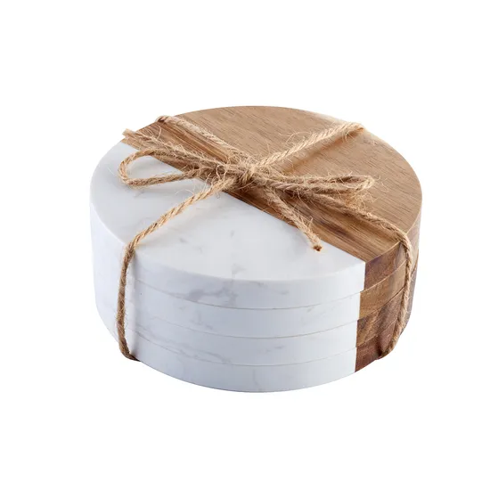 Stackable Storage Round Marble-Acacia Coasters Set for Minimalist Kitchens and Bars