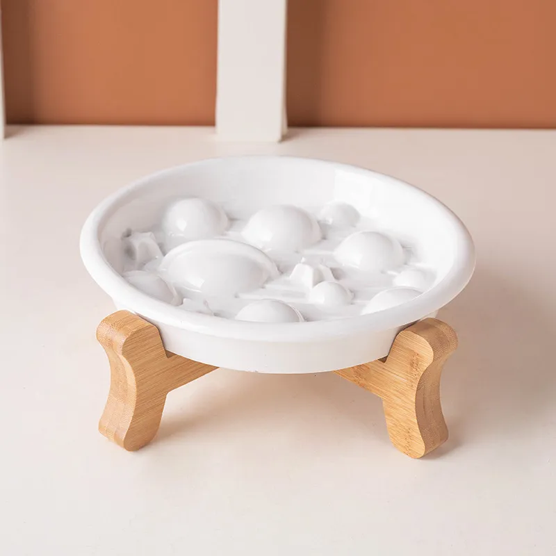 Anti - Choking and Slow - Feeding Ceramic Pet Food Plates Cat Dog Food Bowl with Bamboo Stand