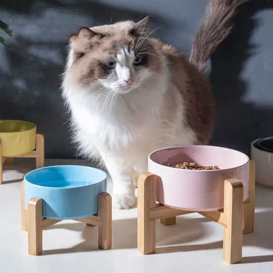 Neck-Protecting Ceramic Dog and Cat Food Bowl with Bamboo Rack