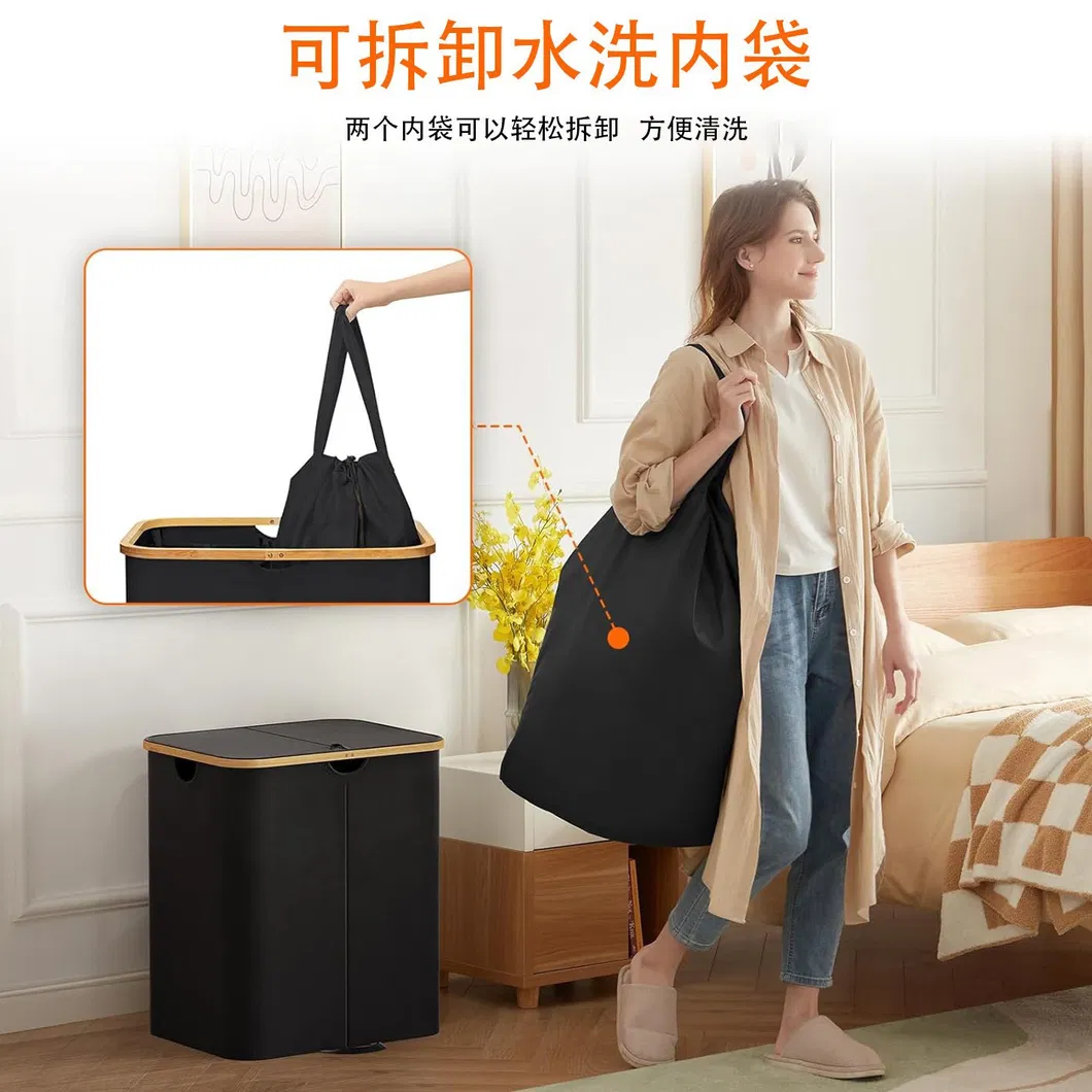 Bamboo Fabric Laundry Basket with Lid and Two Removable Washable Inner Bags