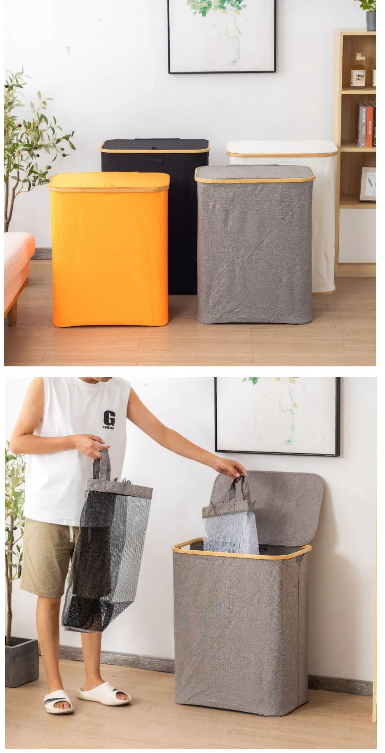 Modern Simple Dustproof and Covered Bamboo Fabric Laundry Basket for Storage