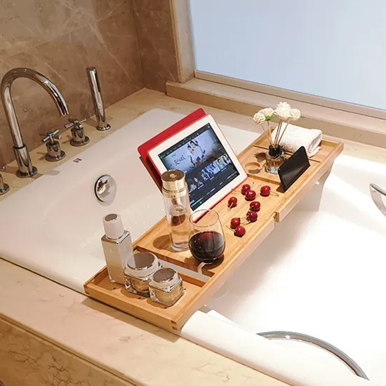 Extendable Bamboo Bathtub Caddy Tray with Reading Rack, Tablet Holder, Cellphone Tray and Wine Glass Holder