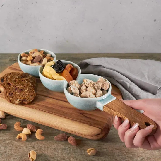 3 Part Serving Bowl with Timber Handle for Dips, Condiments, Relish, Mezze, Snacks, Nuts and Olives