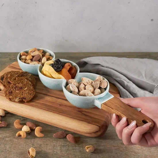 3 Part Serving Bowl with Timber Handle for Dips, Condiments, Relish, Mezze, Snacks, Nuts and Olives