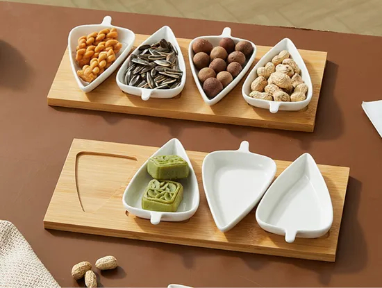 4 PCS Ceramic Appetizer Dipping Bowls with Bamboo Tray