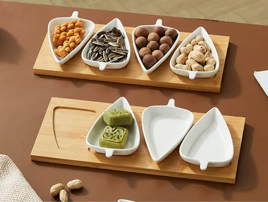 4 PCS Ceramic Appetizer Dipping Bowls with Bamboo Tray