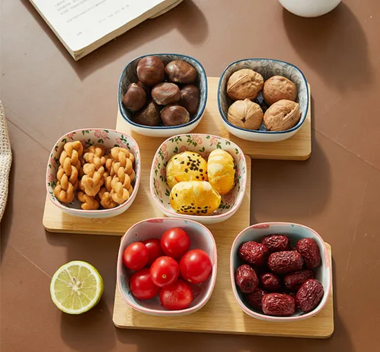 Elegant Ceramic Dipping Bowls Set with Bamboo Serving Tray