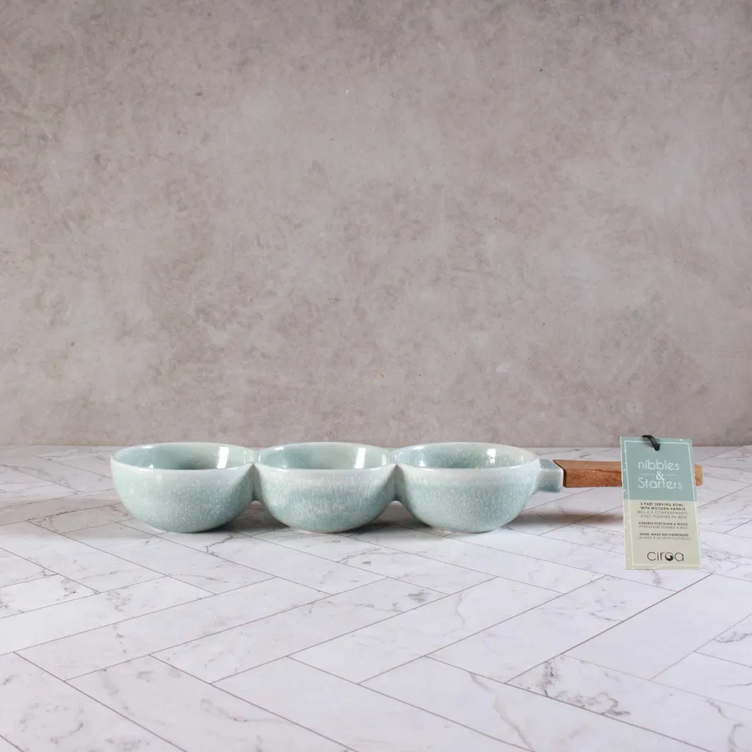 3 Part Serving Bowl with Timber Handle for Dips, Condiments, Relish, Mezze, Snacks, Nuts and Olives