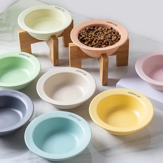 Dog Supplies Pet Ceramic Food Bowl with Wooden Rack