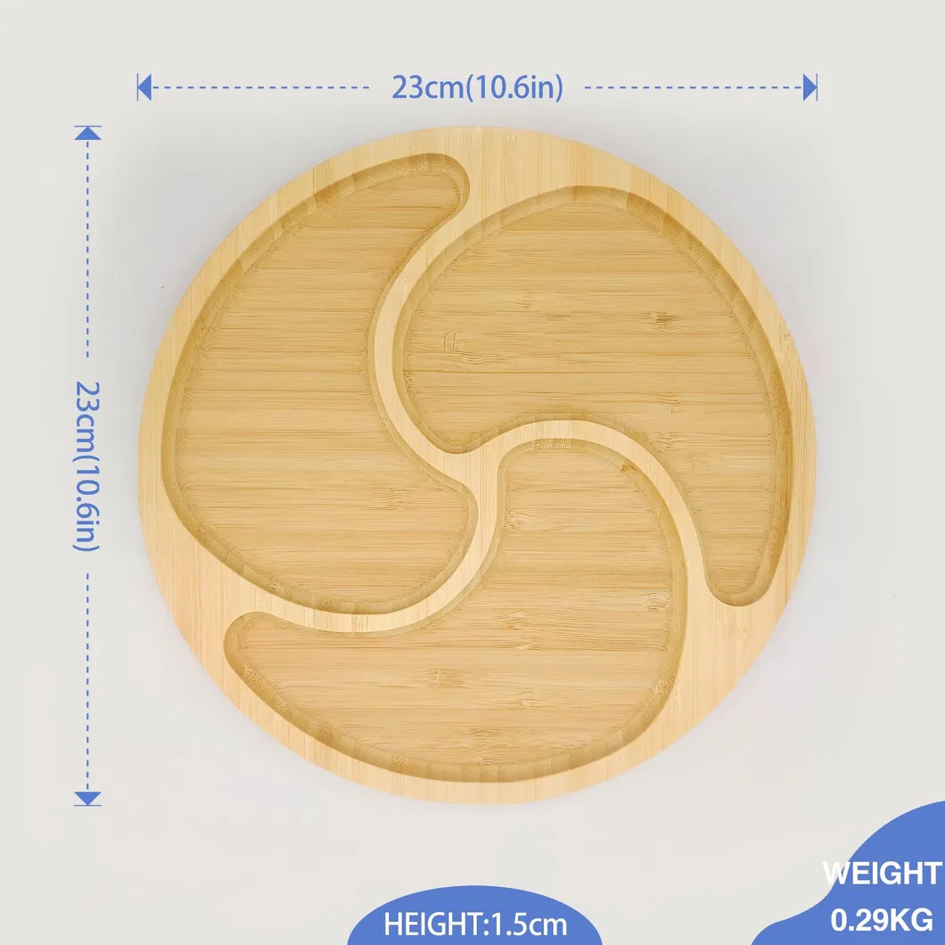 Creative Tableware Round Bamboo Partitioned Plate for Tea Snacks/Pastries/Fruit/Children's Meal and Breakfast