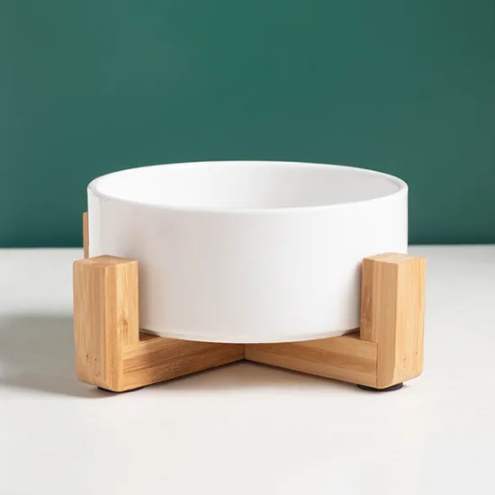Pet Products Ceramic Cat Dog Food Water Feeding Bowl with Bamboo Wooden Stand