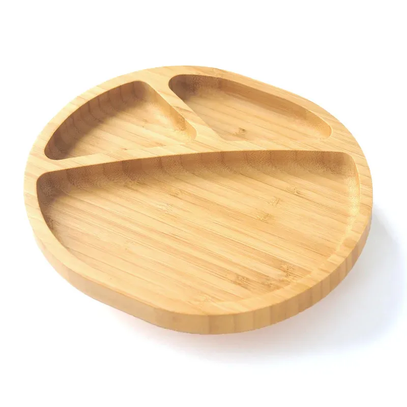 Elegant Round Bamboo 3 Serction Serving Plates with Suction for Baby Feeding