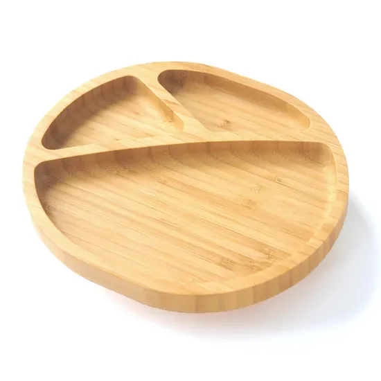 Elegant Round Bamboo 3 Serction Serving Plates with Suction for Baby Feeding