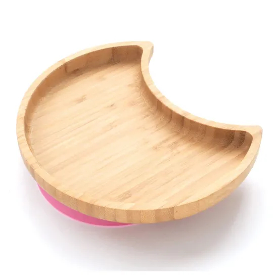 Manufacture Moon Shaped Bamboo Baby Food Plates with Suction