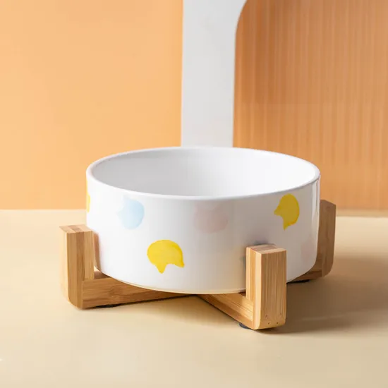 Ceramic Pet Dog Cat Bowl with Bamboo Wooden Base