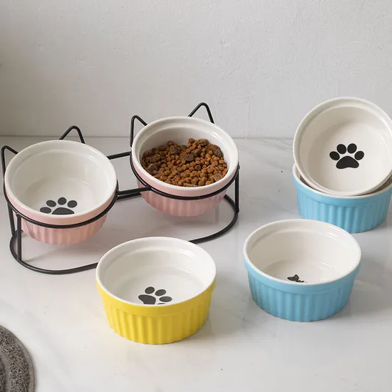 Ceramic Cat Bowl Dog Bowls with Cat Shape Metal Shelf