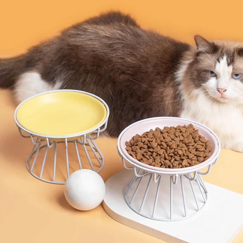 Multi-Color Ceramic Pet Food Plate Cat Bowls with Metal Stand