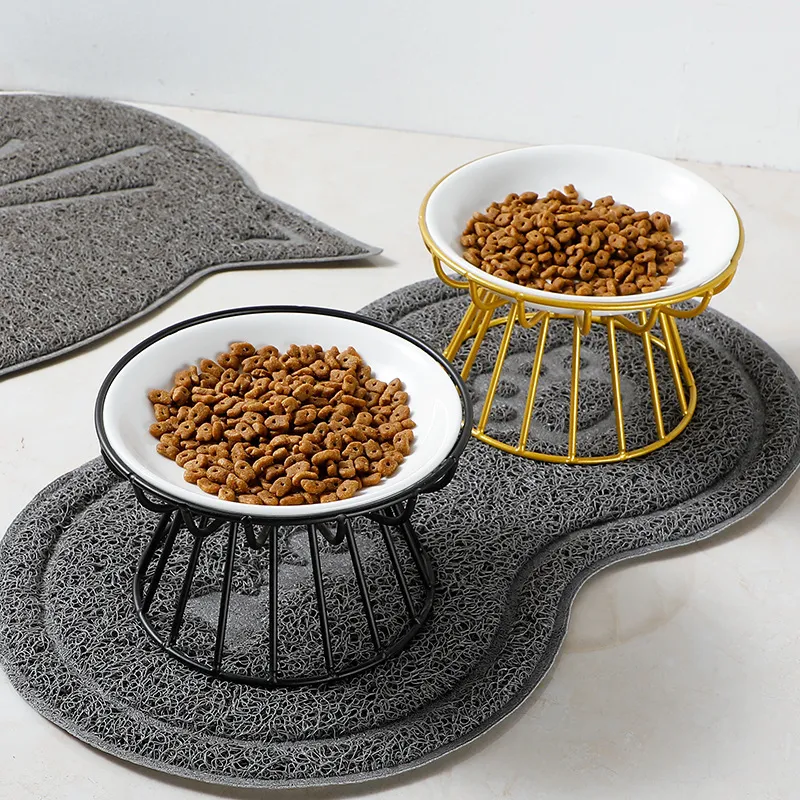 Neck-Protecting Round Ceramic Pet Food Bowl Dog Cat Bowls with Metal Stand