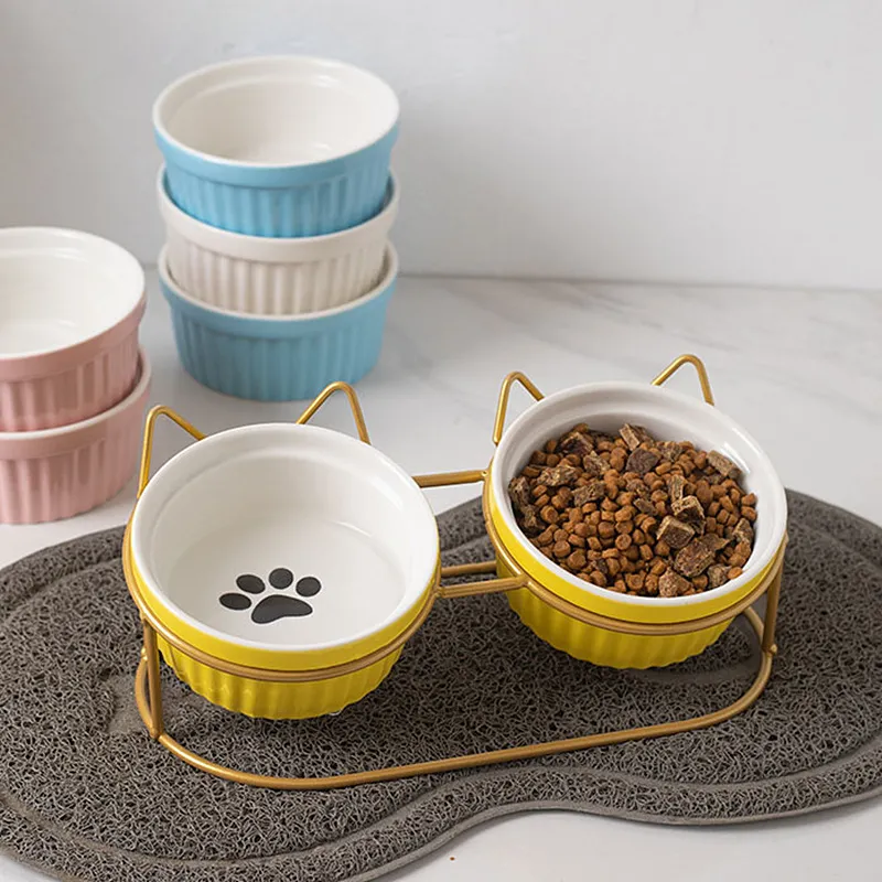 Ceramic Cat Bowl Dog Bowls with Cat Shape Metal Shelf