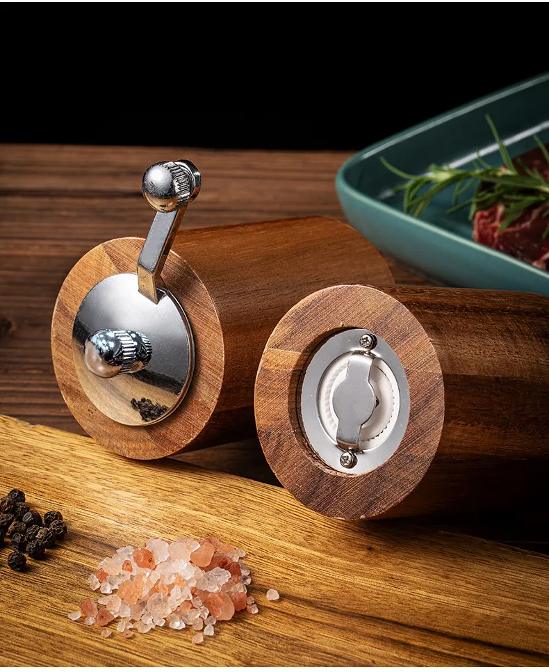 Hand-Cranked Acacia Wood Pepper Grinder Vase with Tray
